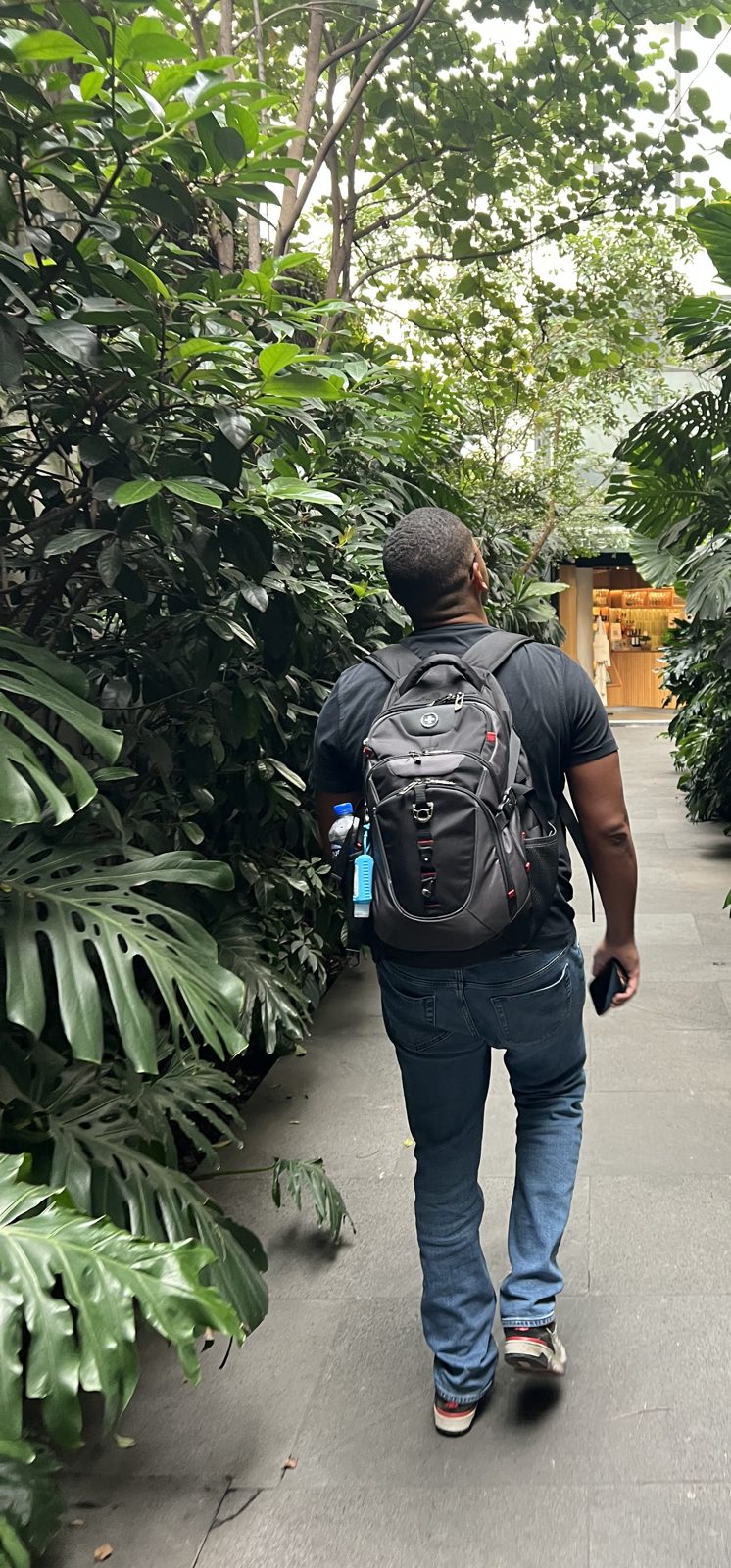 Walking away down a green corridor in Mexico City, seen from behind